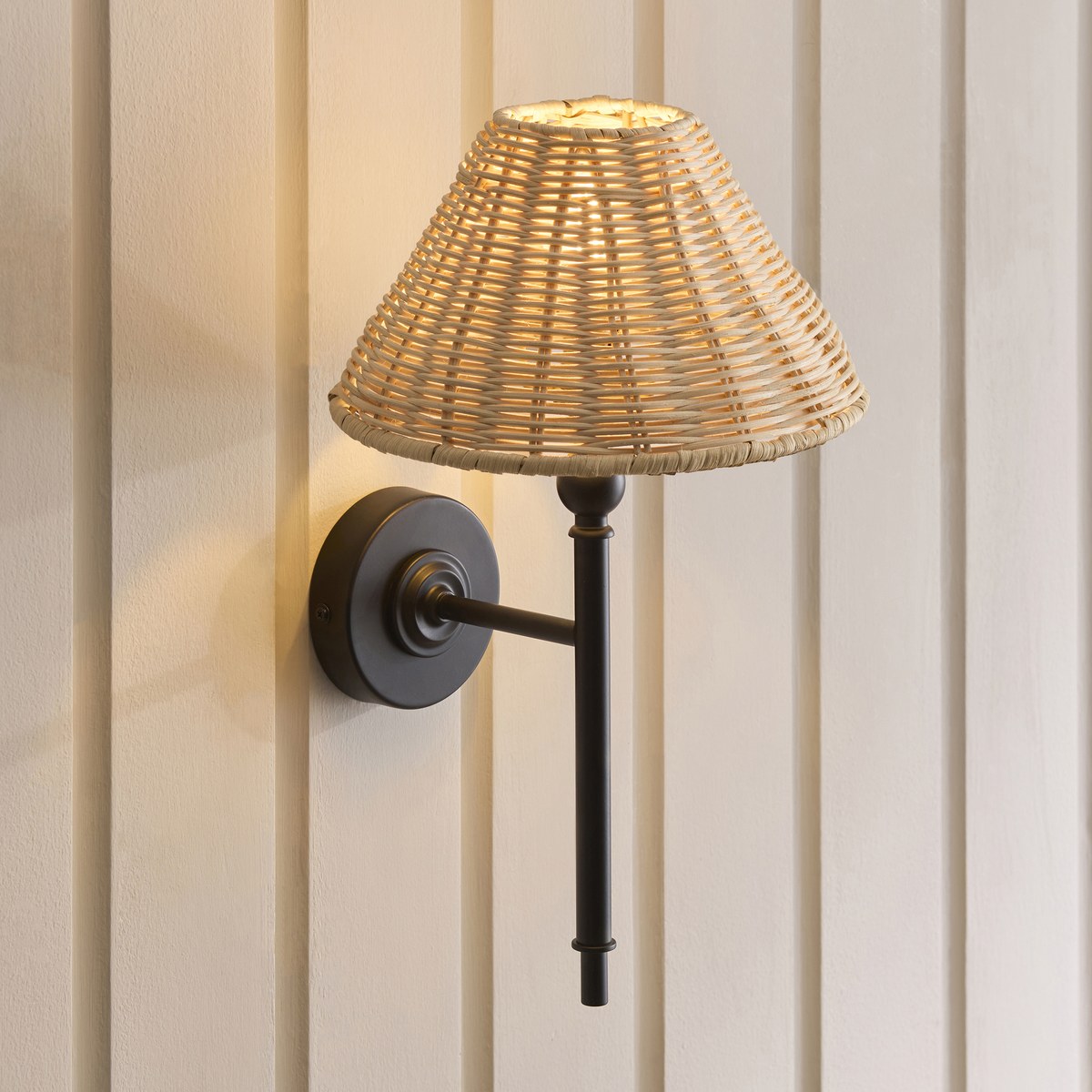 Endon Jericho Wall Light in Matt Black with Natural Rattan Shade