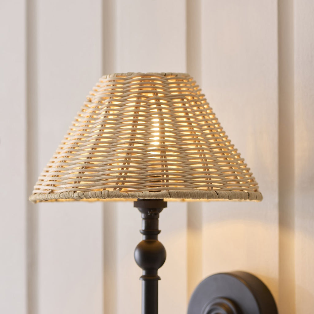 Endon Jericho Wall Light in Matt Black with Natural Rattan Shade