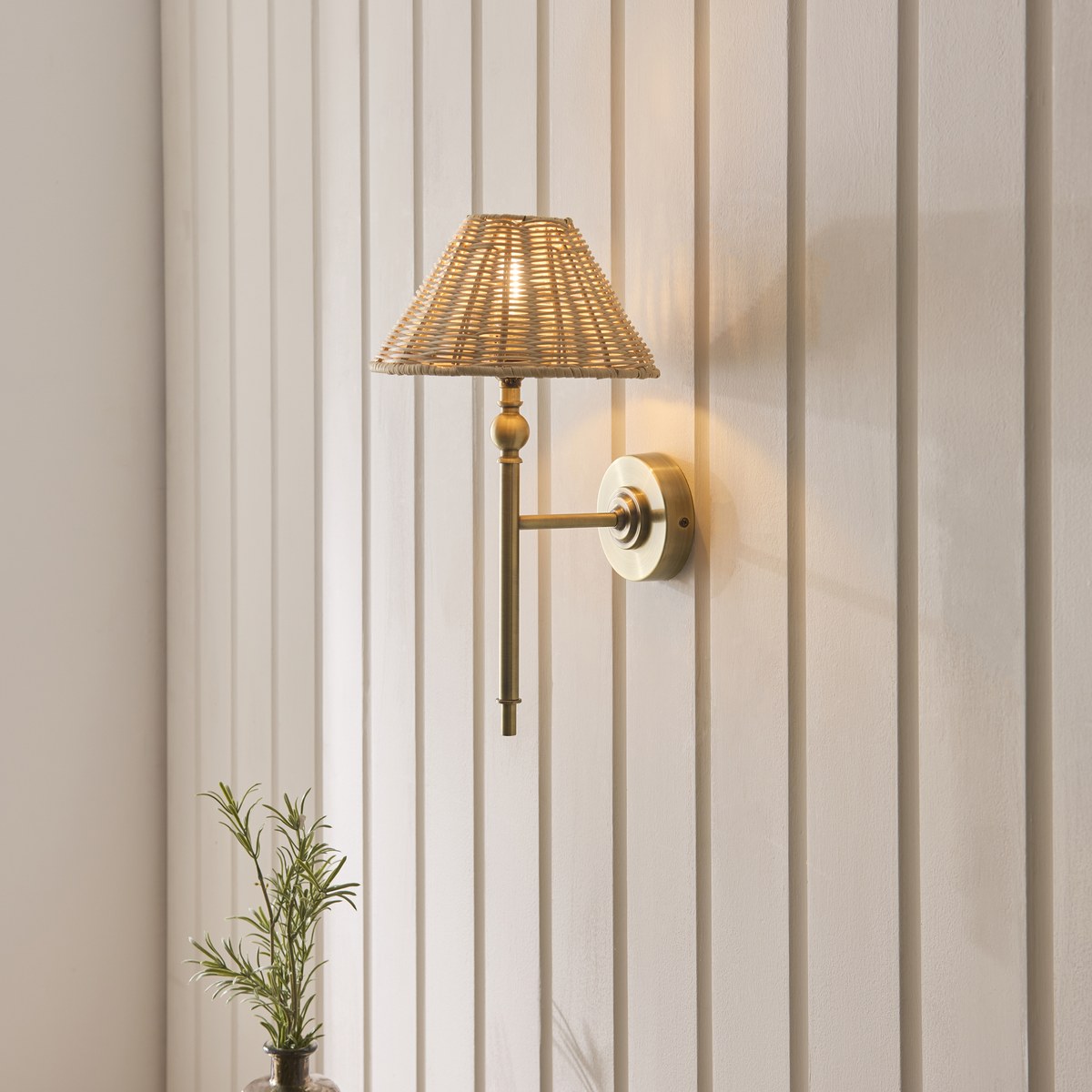 Endon Jericho Wall Light in Antique Brass with Natural Rattan Shade