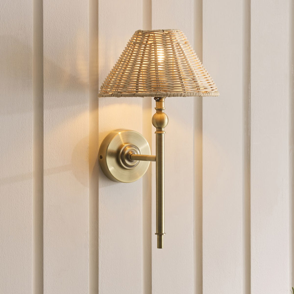 Endon Jericho Wall Light in Antique Brass with Natural Rattan Shade