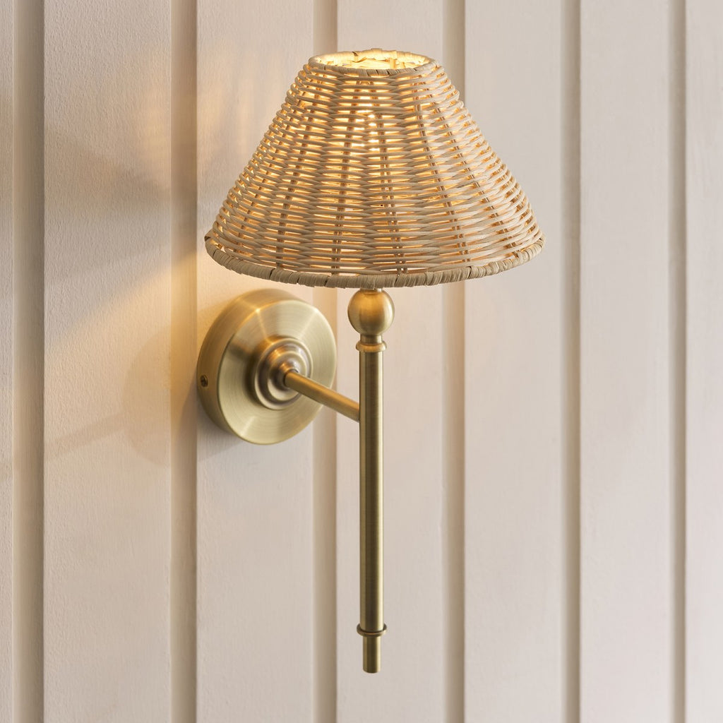 Endon Jericho Wall Light in Antique Brass with Natural Rattan Shade