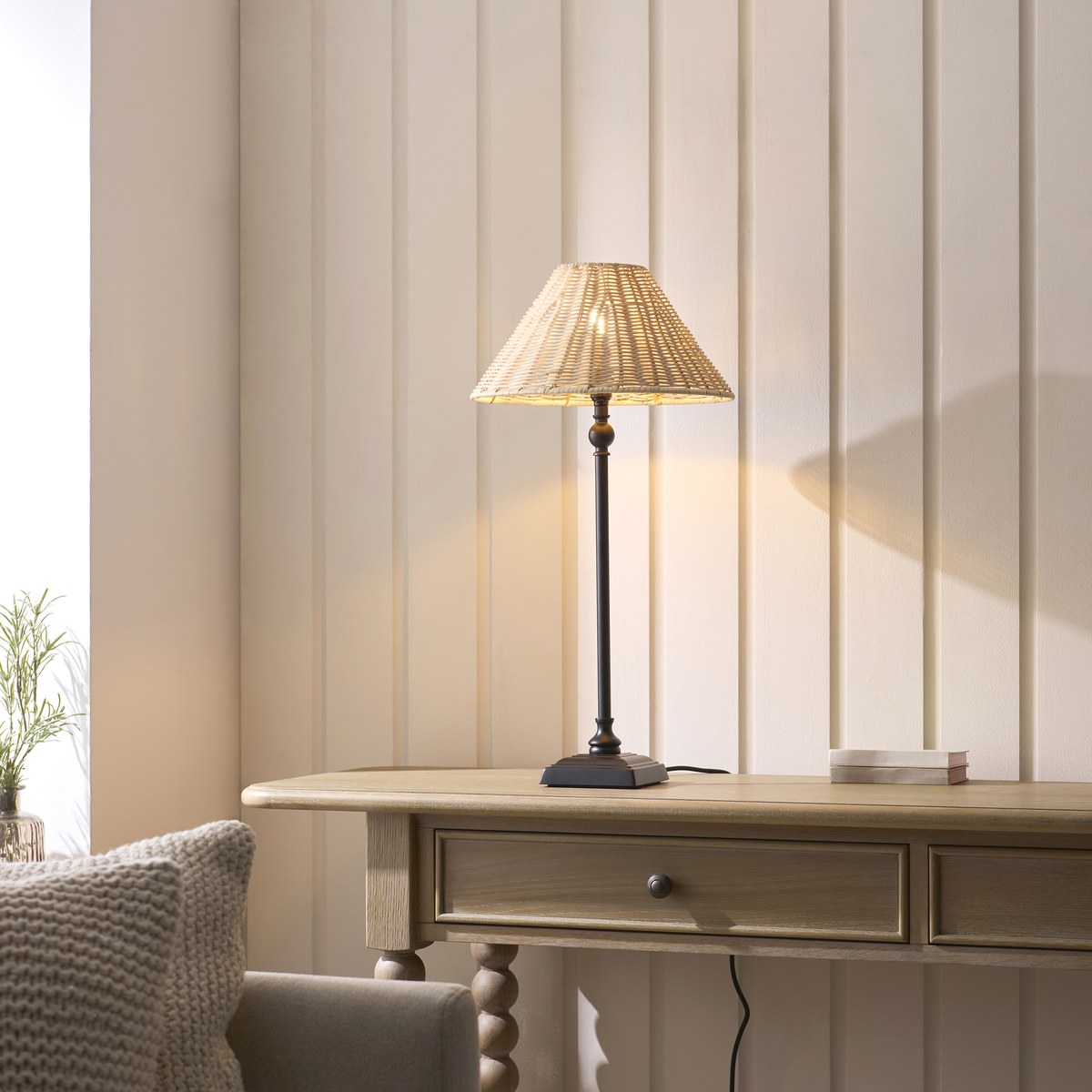 Endon Jericho Table Lamp in Matt Black with Natural Rattan Shade