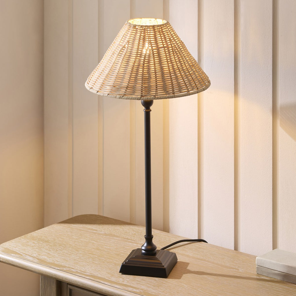 Endon Jericho Table Lamp in Matt Black with Natural Rattan Shade