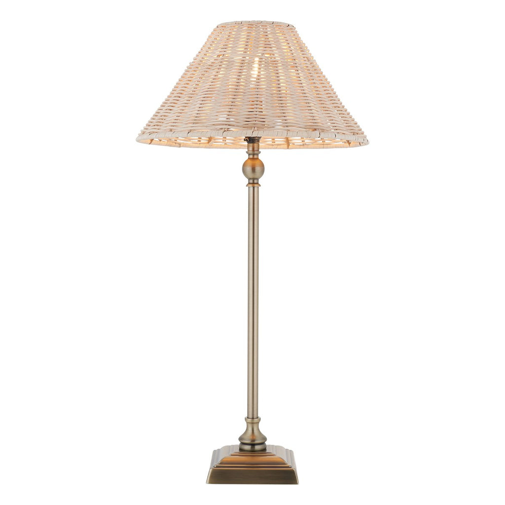 Endon Jericho Table Lamp in Antique Brass with Natural Rattan Shade