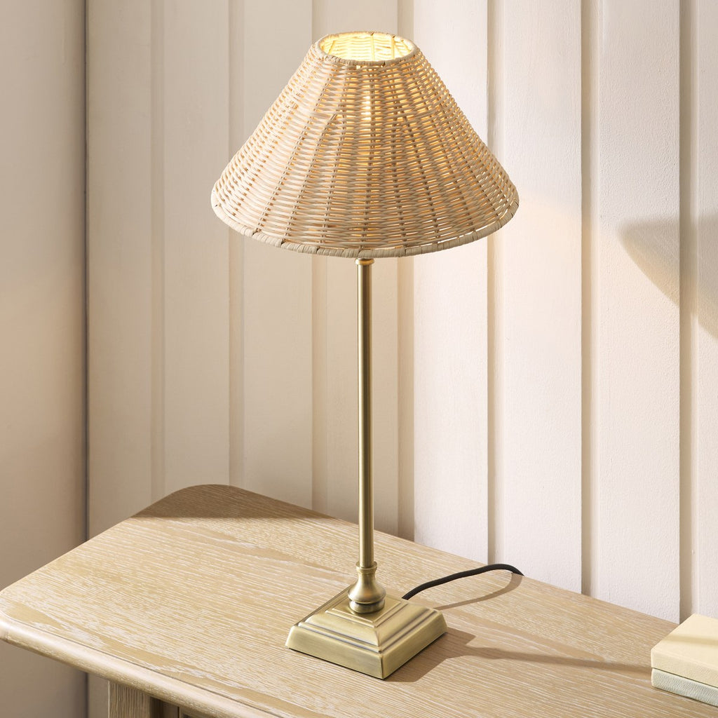 Endon Jericho Table Lamp in Antique Brass with Natural Rattan Shade