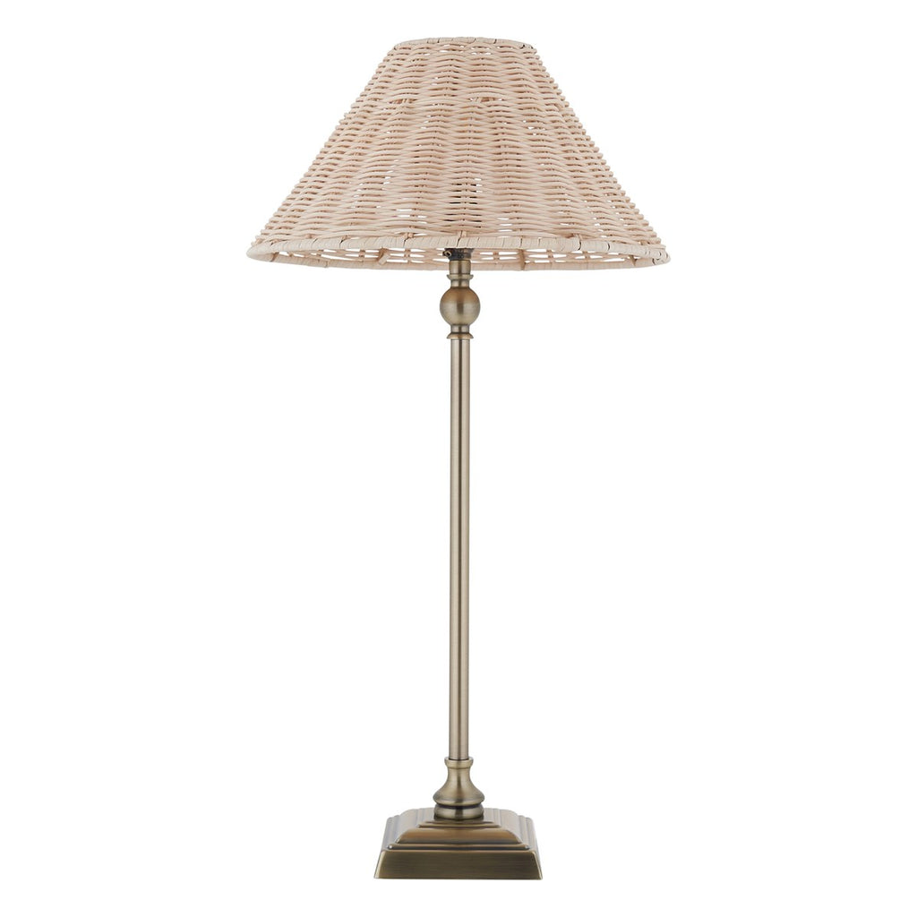 Endon Jericho Table Lamp in Antique Brass with Natural Rattan Shade