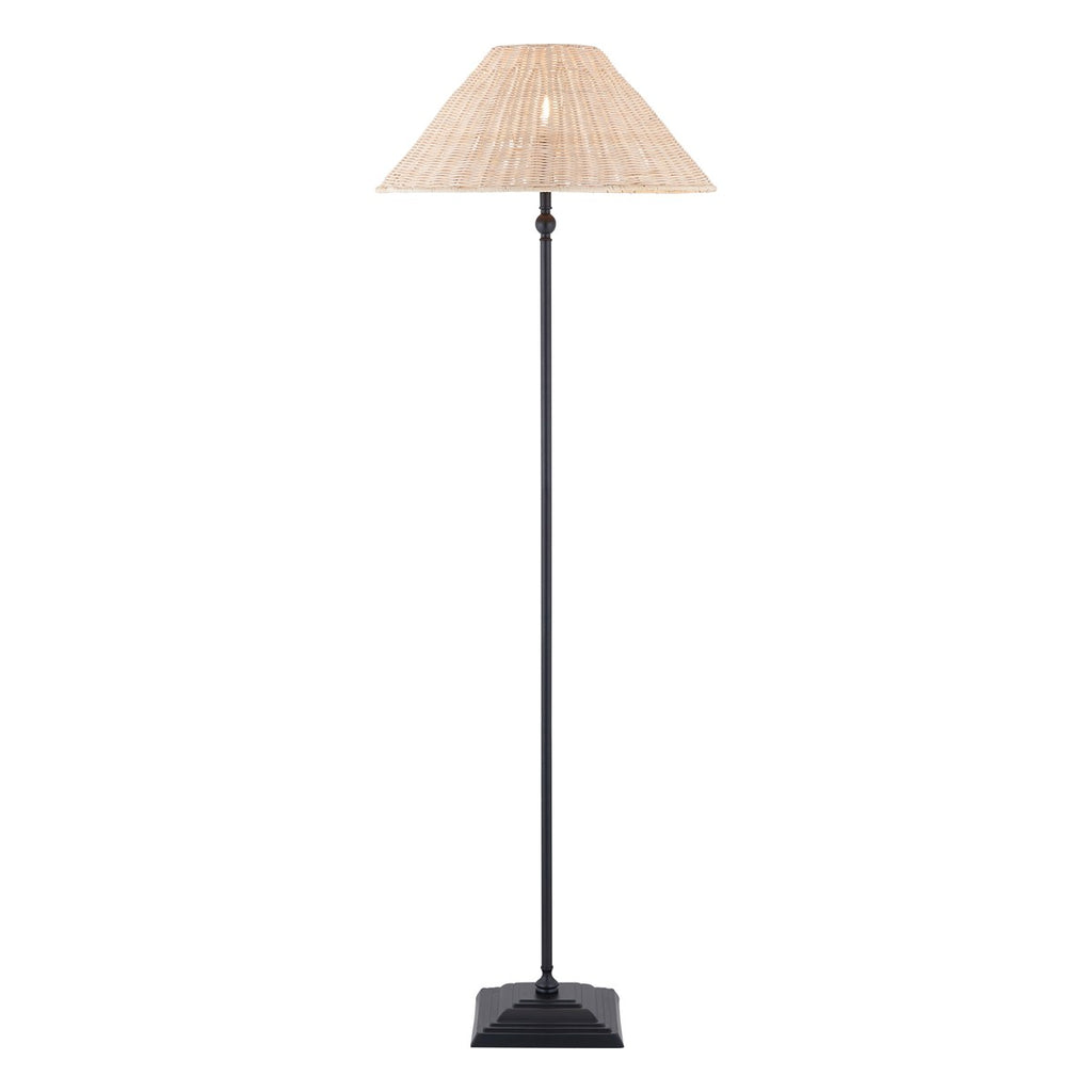 Endon Jericho Floor Lamp in Matt Black with Natural Rattan Shade