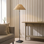 Endon Jericho Floor Lamp in Matt Black with Natural Rattan Shade