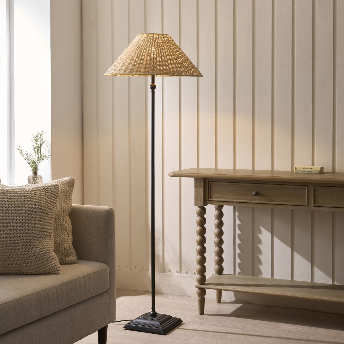 Endon Jericho Floor Lamp in Matt Black with Natural Rattan Shade
