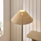 Endon Jericho Floor Lamp in Matt Black with Natural Rattan Shade