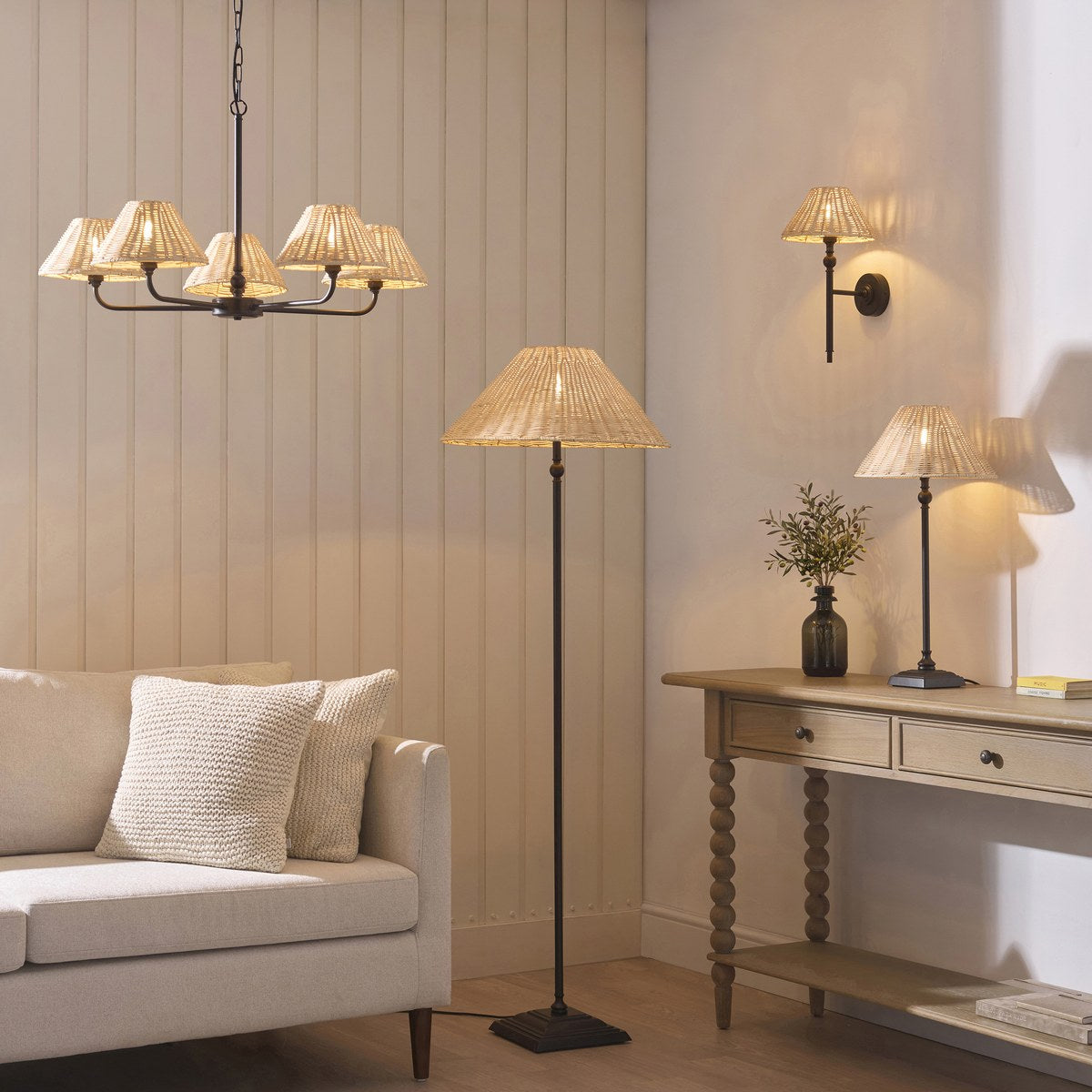 Endon Jericho Floor Lamp in Matt Black with Natural Rattan Shade