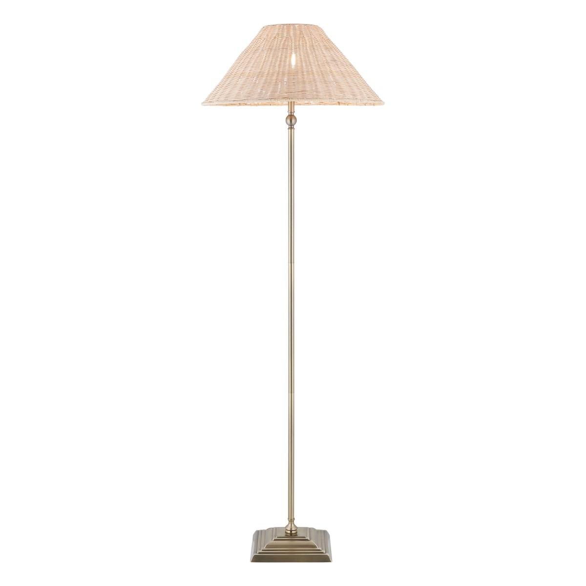 Endon Jericho Floor Lamp in Antique Brass with Natural Rattan Shade