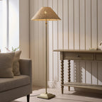 Endon Jericho Floor Lamp in Antique Brass with Natural Rattan Shade