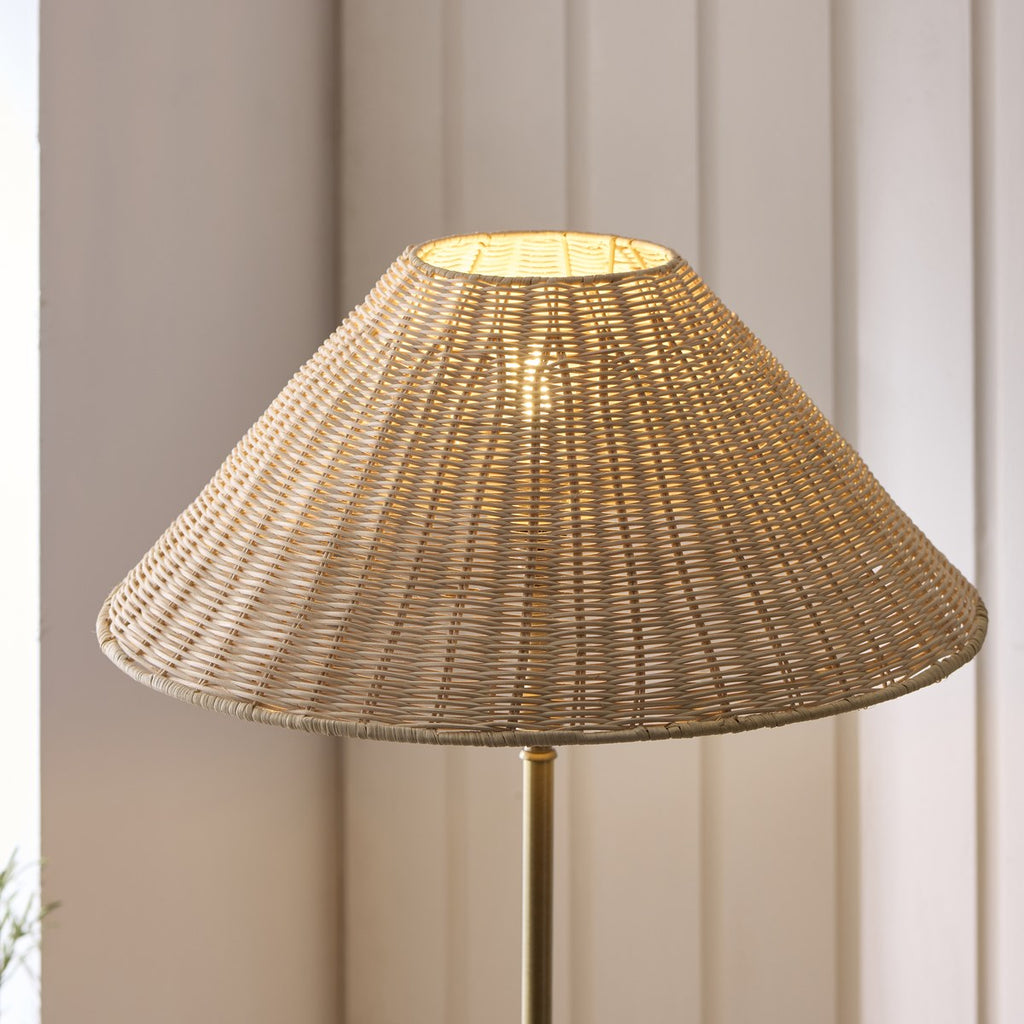 Endon Jericho Floor Lamp in Antique Brass with Natural Rattan Shade