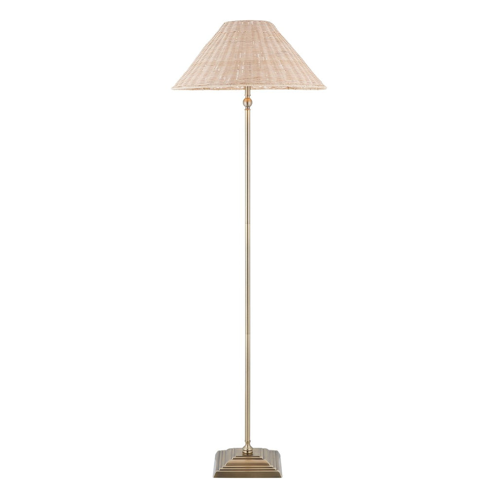 Endon Jericho Floor Lamp in Antique Brass with Natural Rattan Shade
