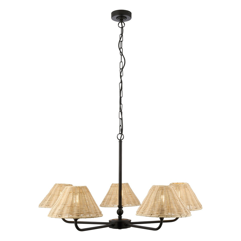 Endon Jericho 5 Light Pendant Light in Matt Black with Natural Rattan Shades