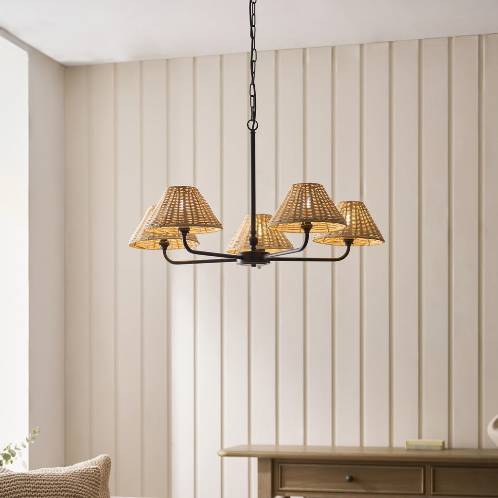 Endon Jericho 5 Light Pendant Light in Matt Black with Natural Rattan Shades