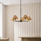 Endon Jericho 5 Light Pendant Light in Matt Black with Natural Rattan Shades