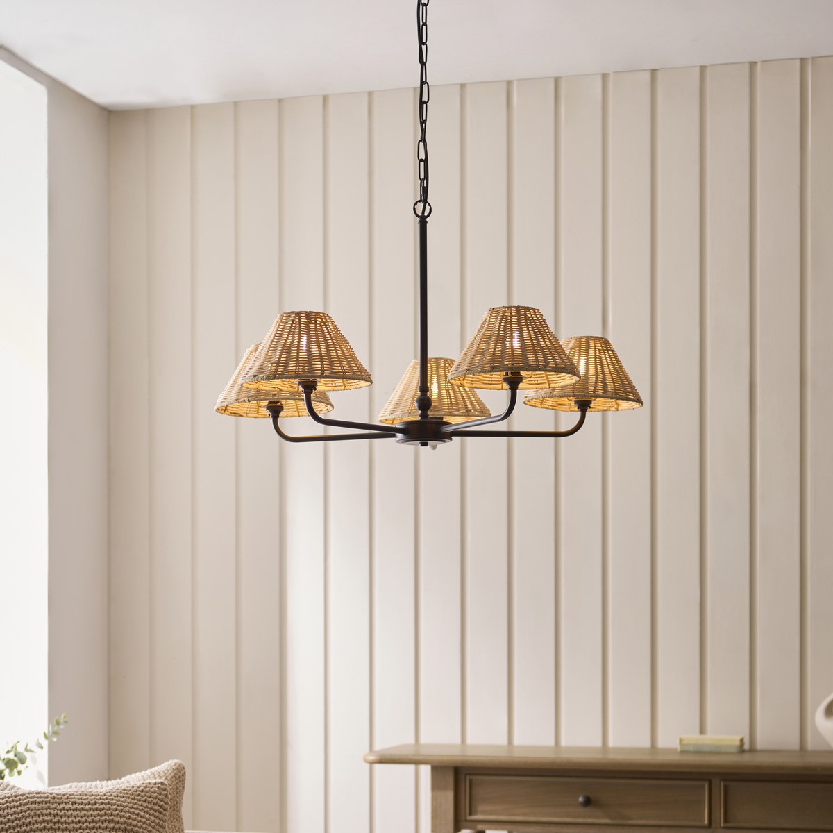 Endon Jericho 5 Light Pendant Light in Matt Black with Natural Rattan Shades