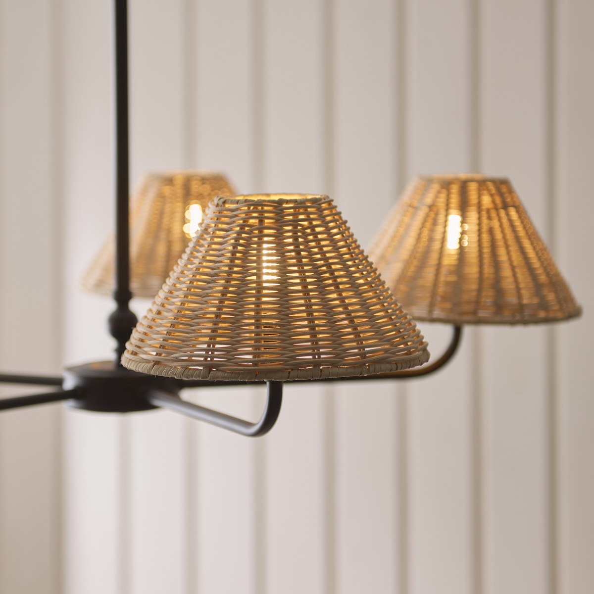 Endon Jericho 5 Light Pendant Light in Matt Black with Natural Rattan Shades