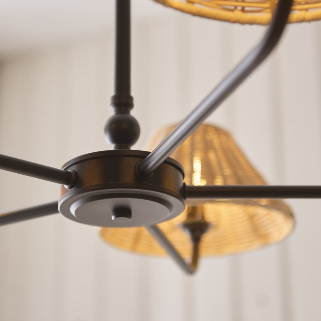 Endon Jericho 5 Light Pendant Light in Matt Black with Natural Rattan Shades