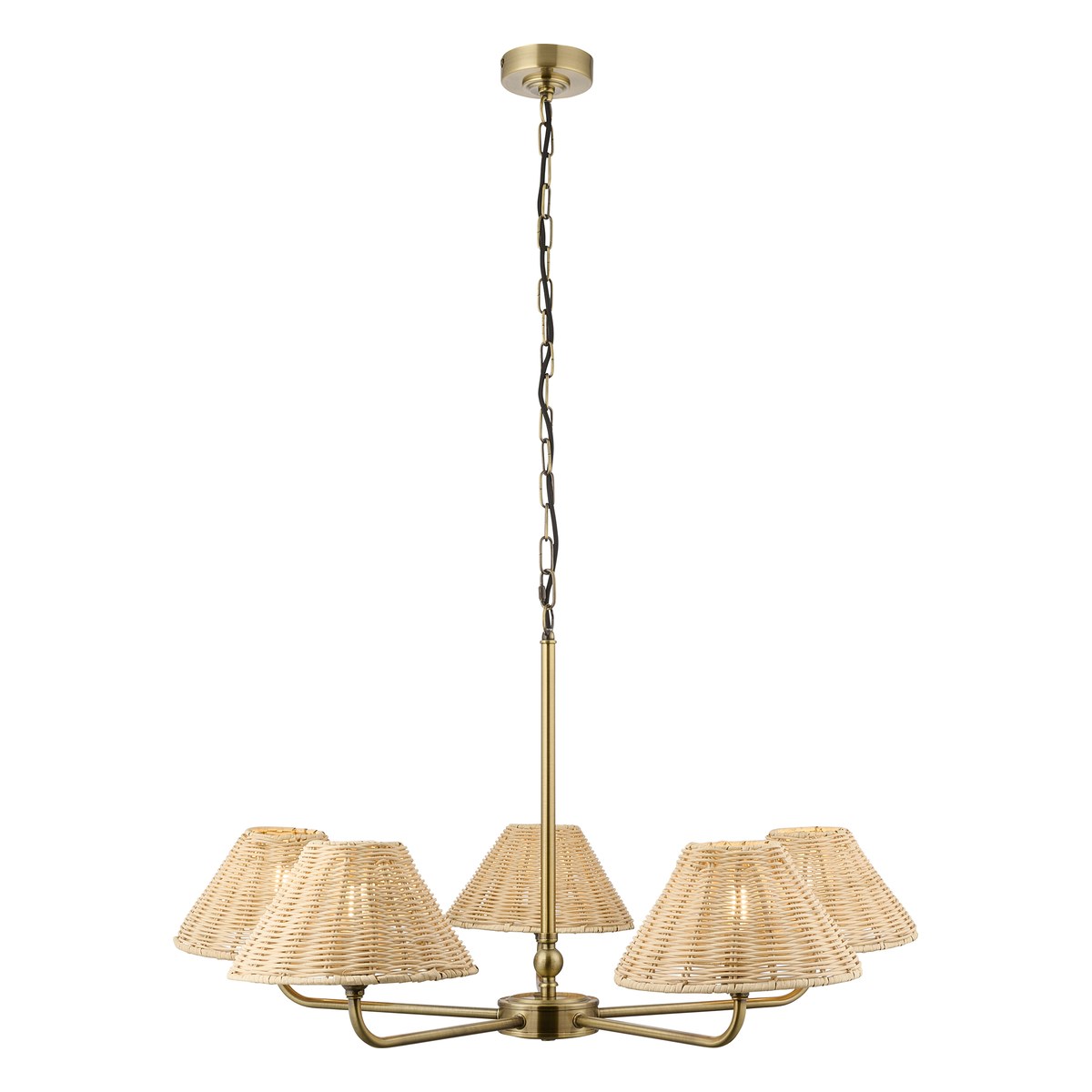 Endon Jericho 5 Light Pendant Light in Antique Brass with Natural Rattan Shades