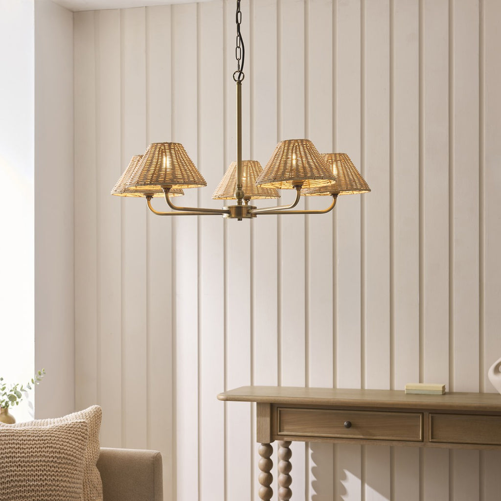 Endon Jericho 5 Light Pendant Light in Antique Brass with Natural Rattan Shades