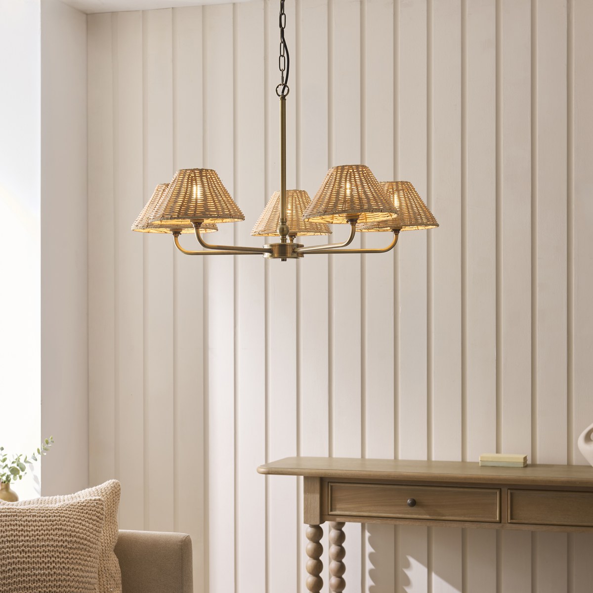 Endon Jericho 5 Light Pendant Light in Antique Brass with Natural Rattan Shades