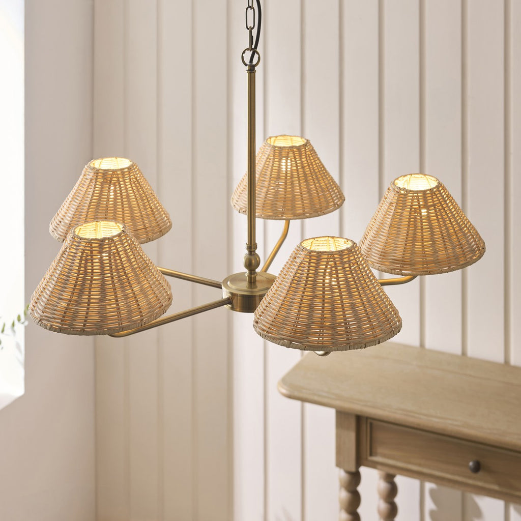 Endon Jericho 5 Light Pendant Light in Antique Brass with Natural Rattan Shades