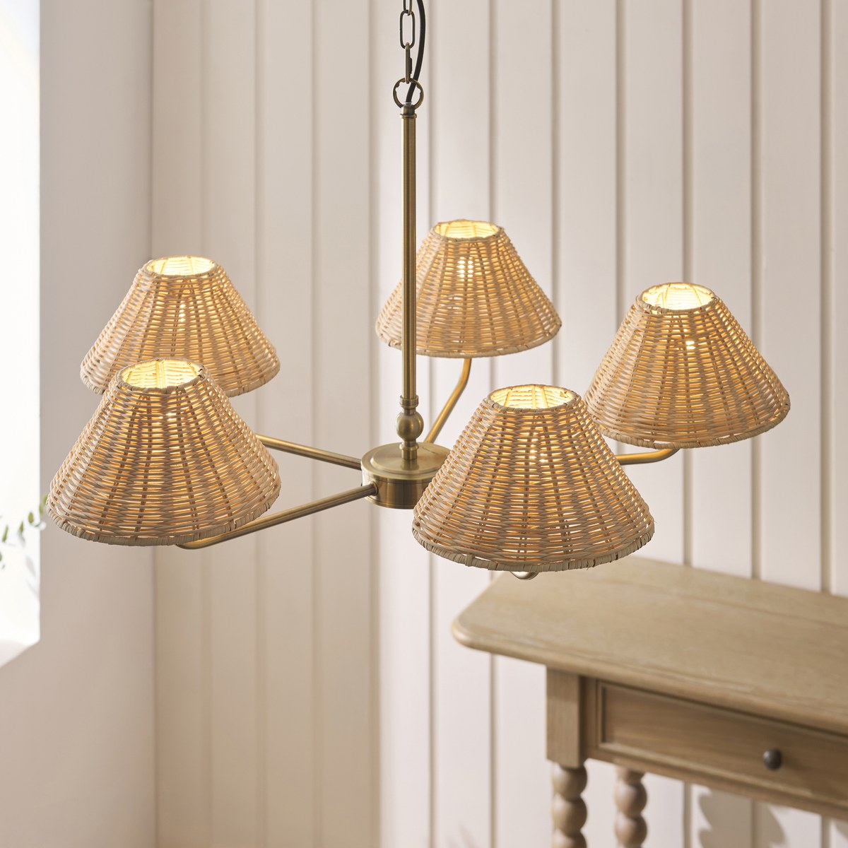 Endon Jericho 5 Light Pendant Light in Antique Brass with Natural Rattan Shades