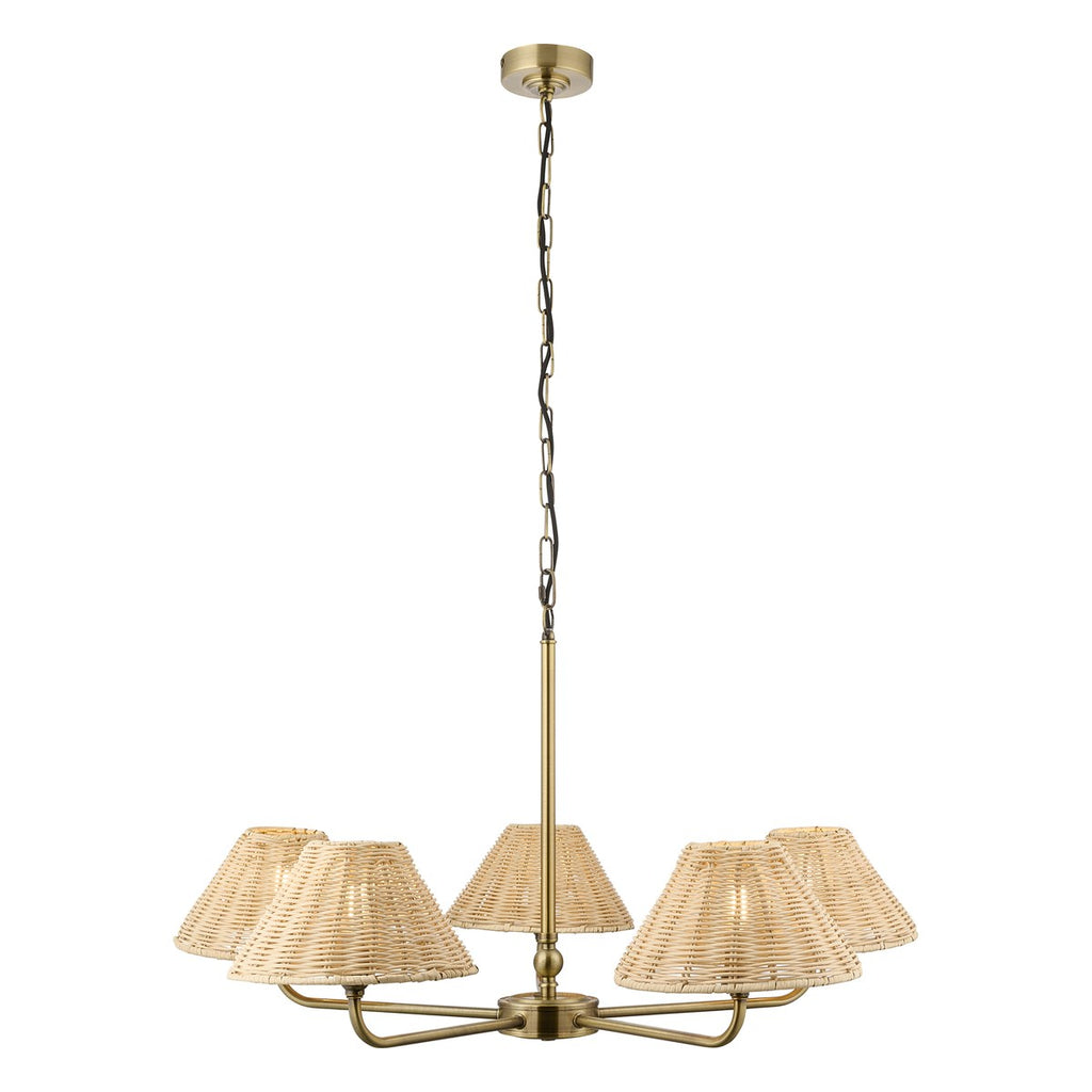 Endon Jericho 5 Light Pendant Light in Antique Brass with Natural Rattan Shades