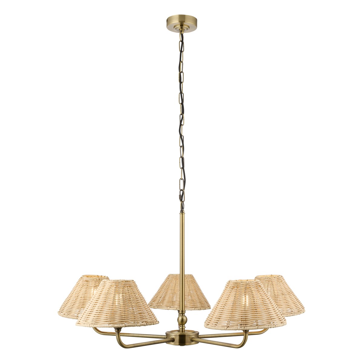 Endon Jericho 5 Light Pendant Light in Antique Brass with Natural Rattan Shades