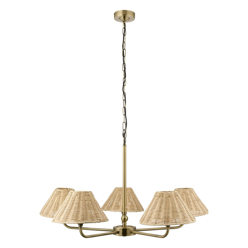 Endon Jericho 5 Light Pendant Light in Antique Brass with Natural Rattan Shades