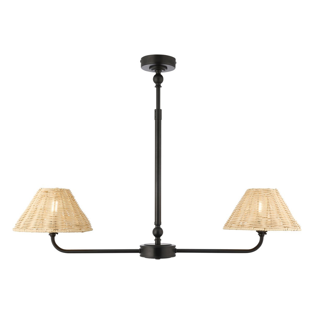 Endon Jericho 2 Light Pendant Light in Matt Black with Natural Rattan Shades