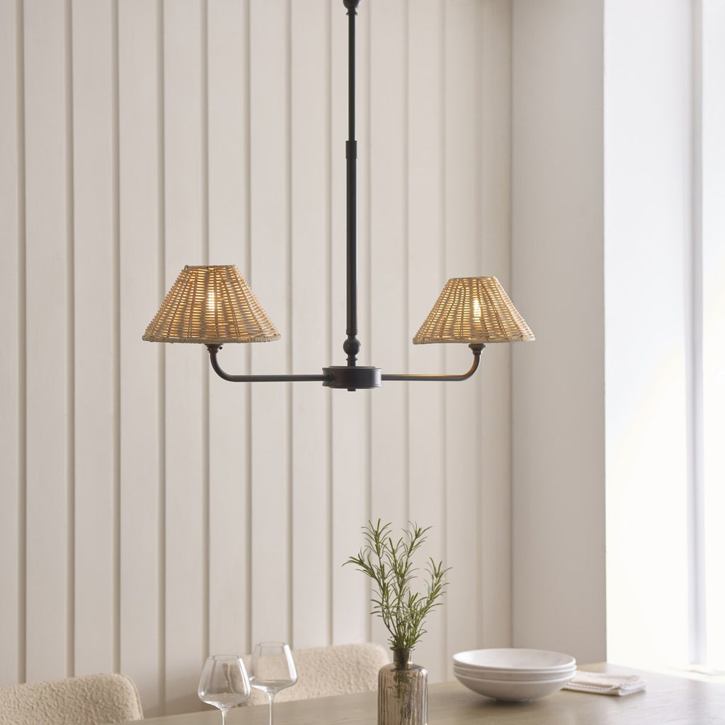 Endon Jericho 2 Light Pendant Light in Matt Black with Natural Rattan Shades