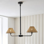 Endon Jericho 2 Light Pendant Light in Matt Black with Natural Rattan Shades