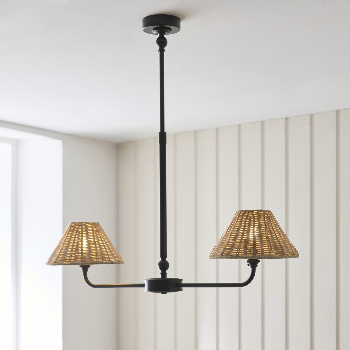 Endon Jericho 2 Light Pendant Light in Matt Black with Natural Rattan Shades