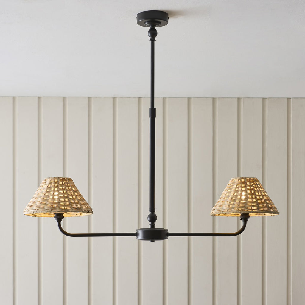 Endon Jericho 2 Light Pendant Light in Matt Black with Natural Rattan Shades