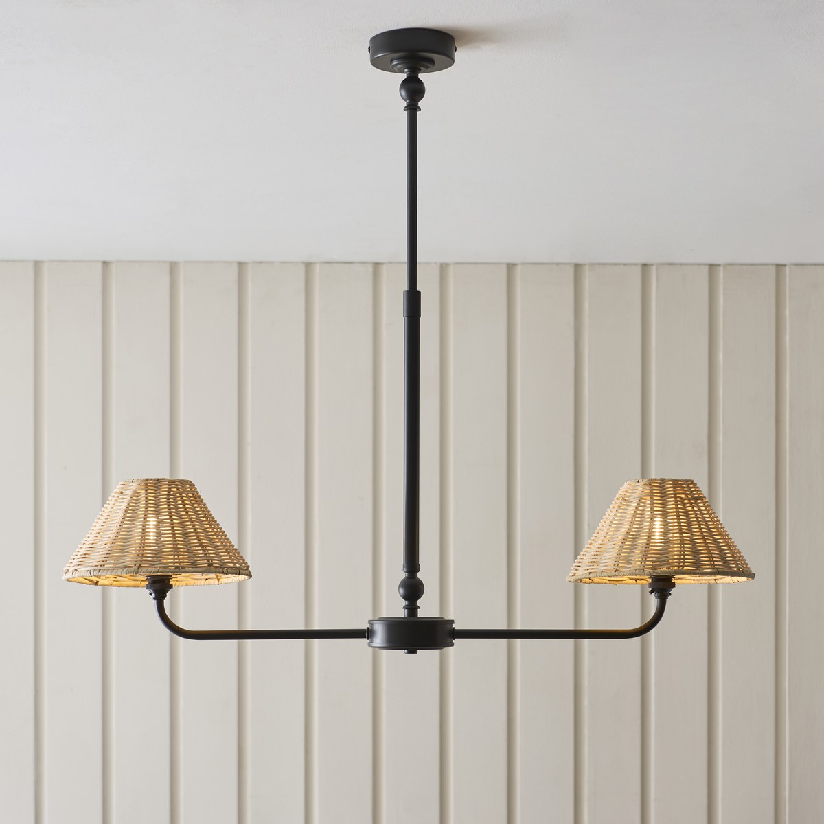 Endon Jericho 2 Light Pendant Light in Matt Black with Natural Rattan Shades