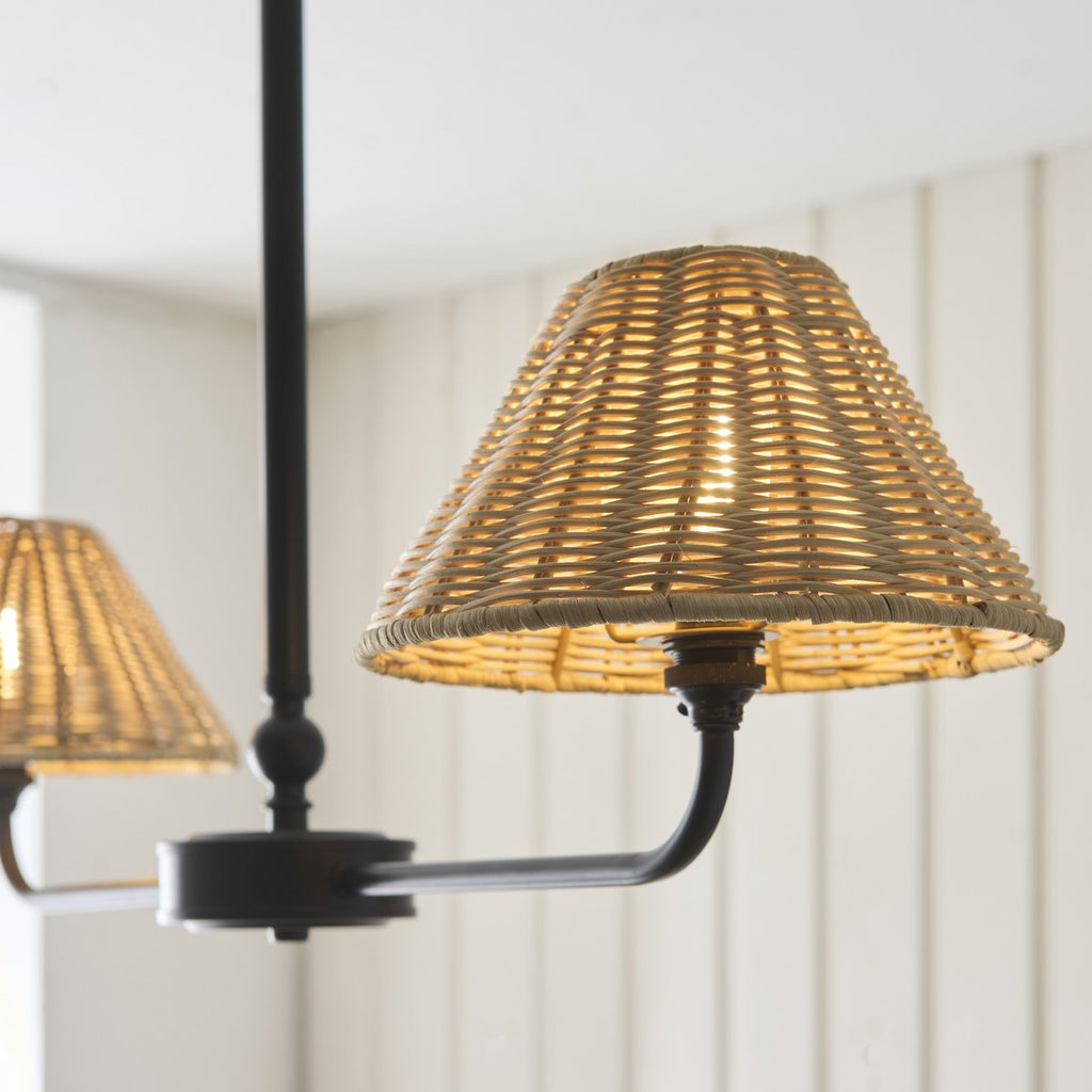 Endon Jericho 2 Light Pendant Light in Matt Black with Natural Rattan Shades