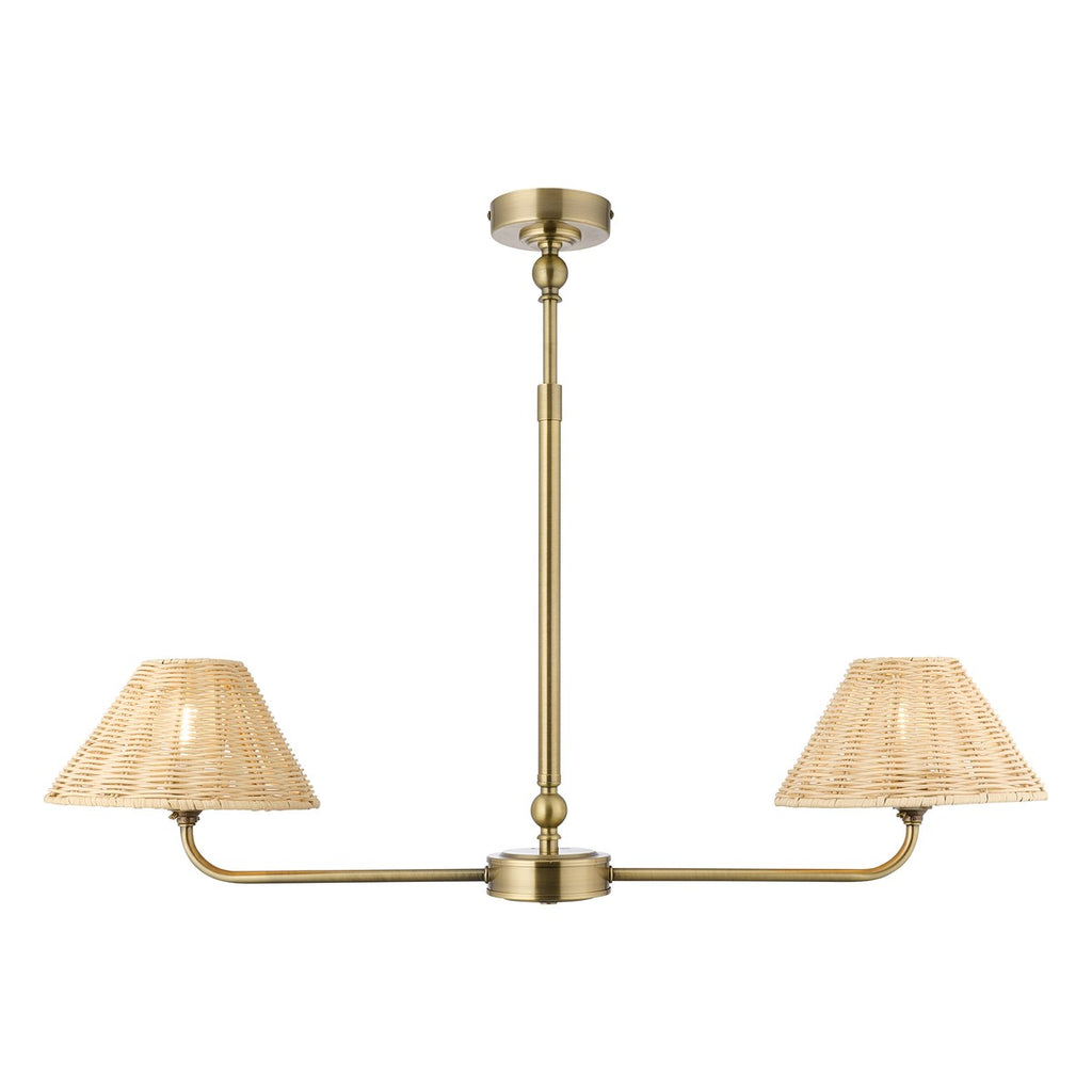 Endon Jericho 2 Light Pendant Light in Antique Brass with Natural Rattan Shades