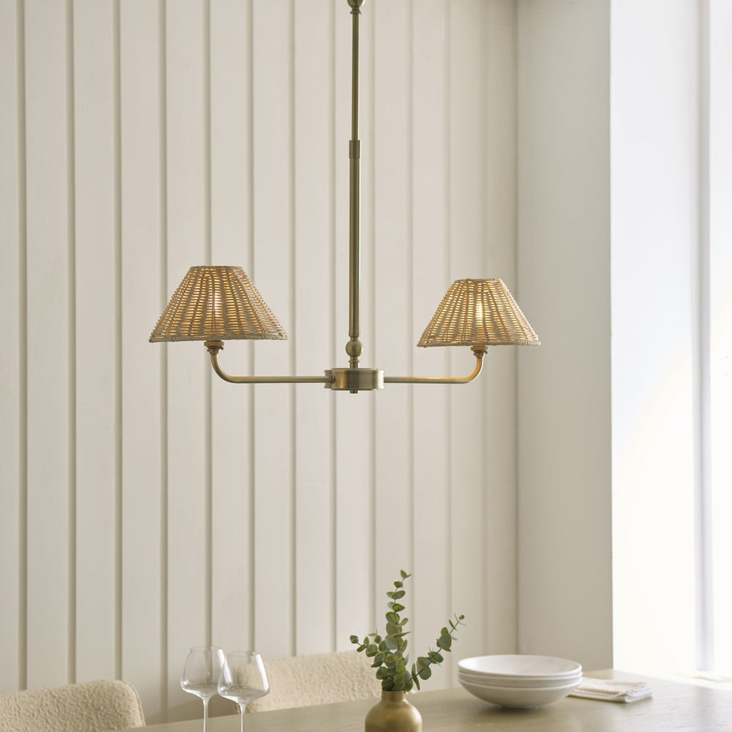 Endon Jericho 2 Light Pendant Light in Antique Brass with Natural Rattan Shades