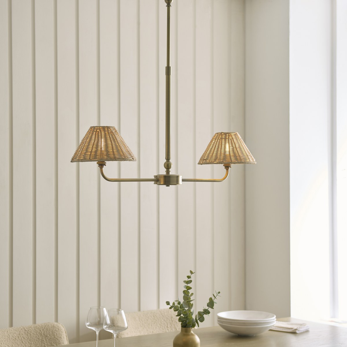 Endon Jericho 2 Light Pendant Light in Antique Brass with Natural Rattan Shades