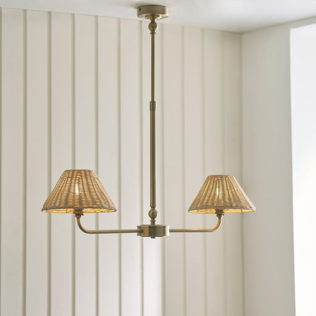 Endon Jericho 2 Light Pendant Light in Antique Brass with Natural Rattan Shades