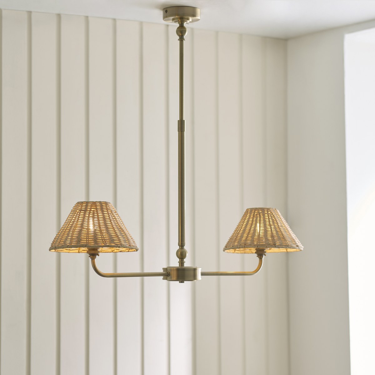 Endon Jericho 2 Light Pendant Light in Antique Brass with Natural Rattan Shades