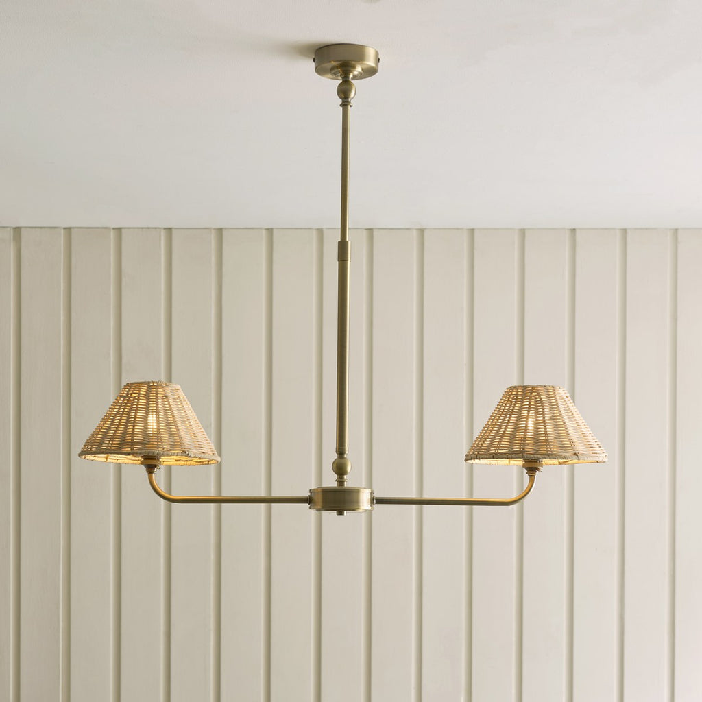 Endon Jericho 2 Light Pendant Light in Antique Brass with Natural Rattan Shades