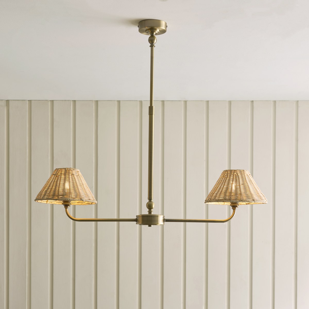 Endon Jericho 2 Light Pendant Light in Antique Brass with Natural Rattan Shades