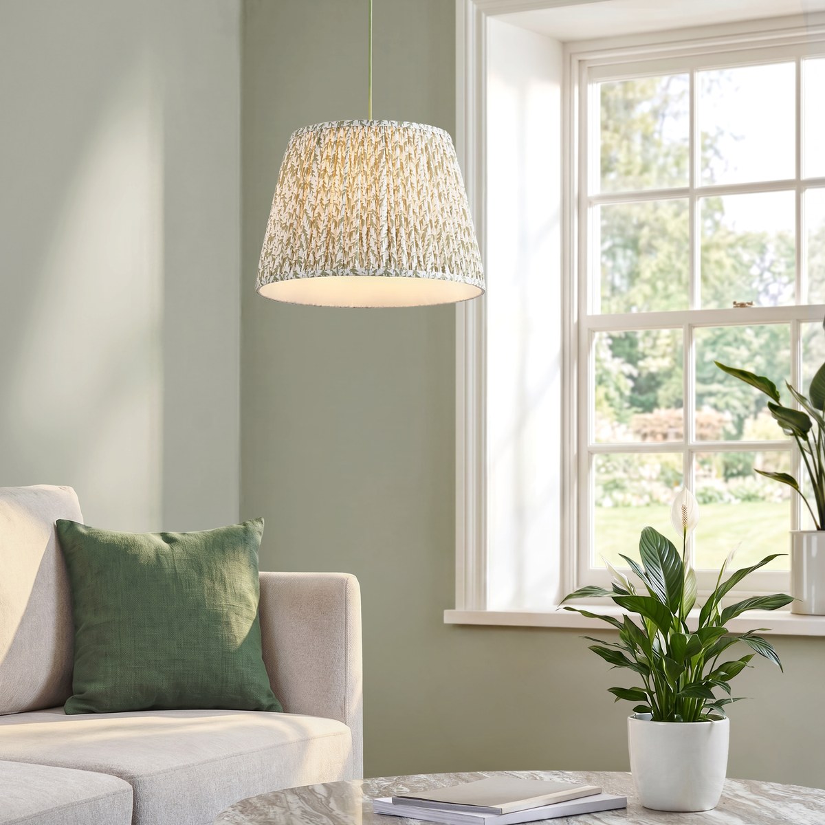 Endon Eltham Pendant Light in Brushed Aged Brass with Leaf 40cm Herb Garden Green Shade