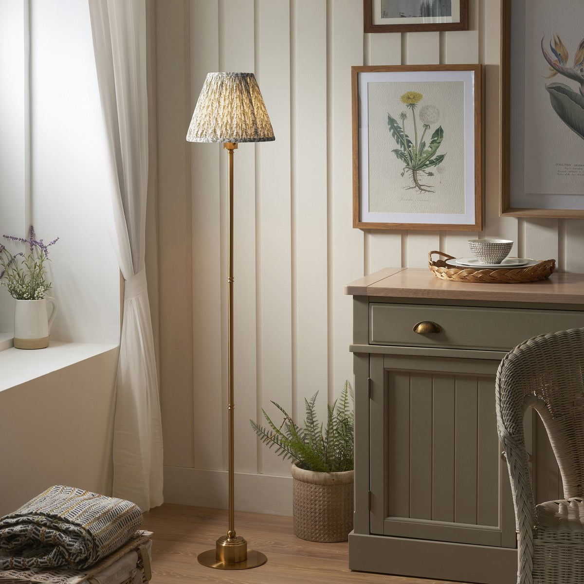 Endon Burley Rechargeable Floor Lamp in Brushed Aged Brass with Leaf 25cm Herb Garden Green Shade