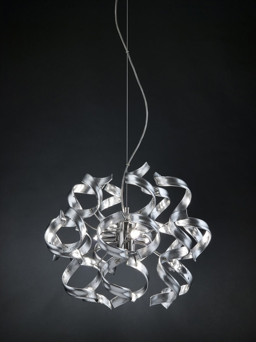 Metal Lux Astro 3 Light Pendant Light with Silver Leaf Spiral Glass